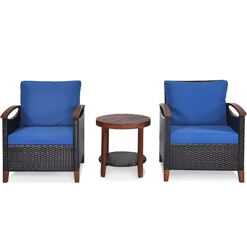3PCS Patio Rattan Furniture Set Solid Wood Frame Cushion Sofa Round Table Shelf