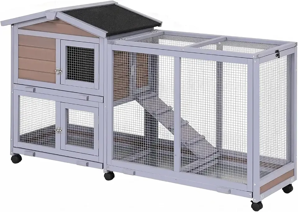 BestPet Rabbit Cage Wooden Rabbit Hutch Two Layers Chicken Coop Outdoor Indoor Guinea Pig Cage Bunny Cage Waterproof Roof Bunny Hutch with Casters and Tray