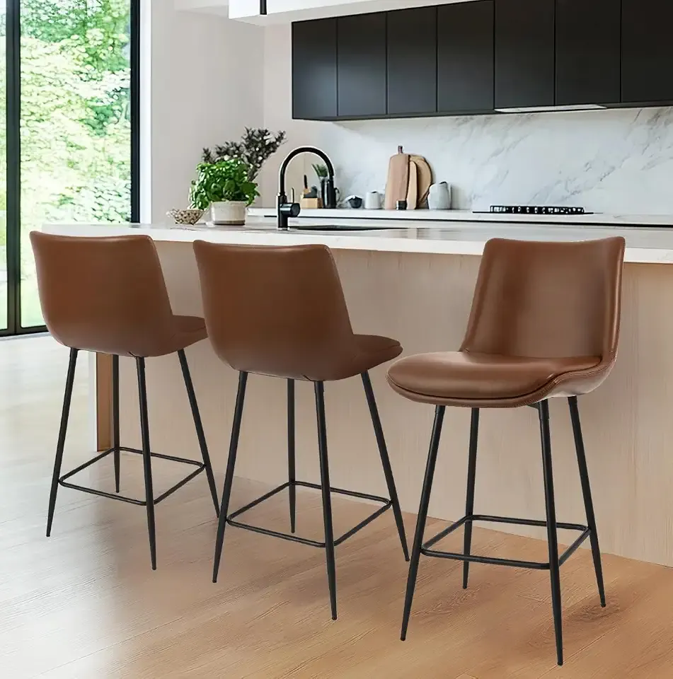 Counter Height Bar Stools Set of 3, FSC Certified Upholstered Faux Leather Barstools with Back, Metal Base, 27" Seat Height, Modern Upholstered Counter Stools for Kitchen Island,(Walnut Brown