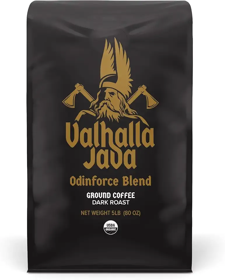 Death Wish Coffee, Valhalla Java Dark Roast Grounds - Extra Kick of Caffeine - 5 Lb. - Bold & Intense Blend of Arabica Robusta - USDA Organic - Strong Coffee for Morning Boost