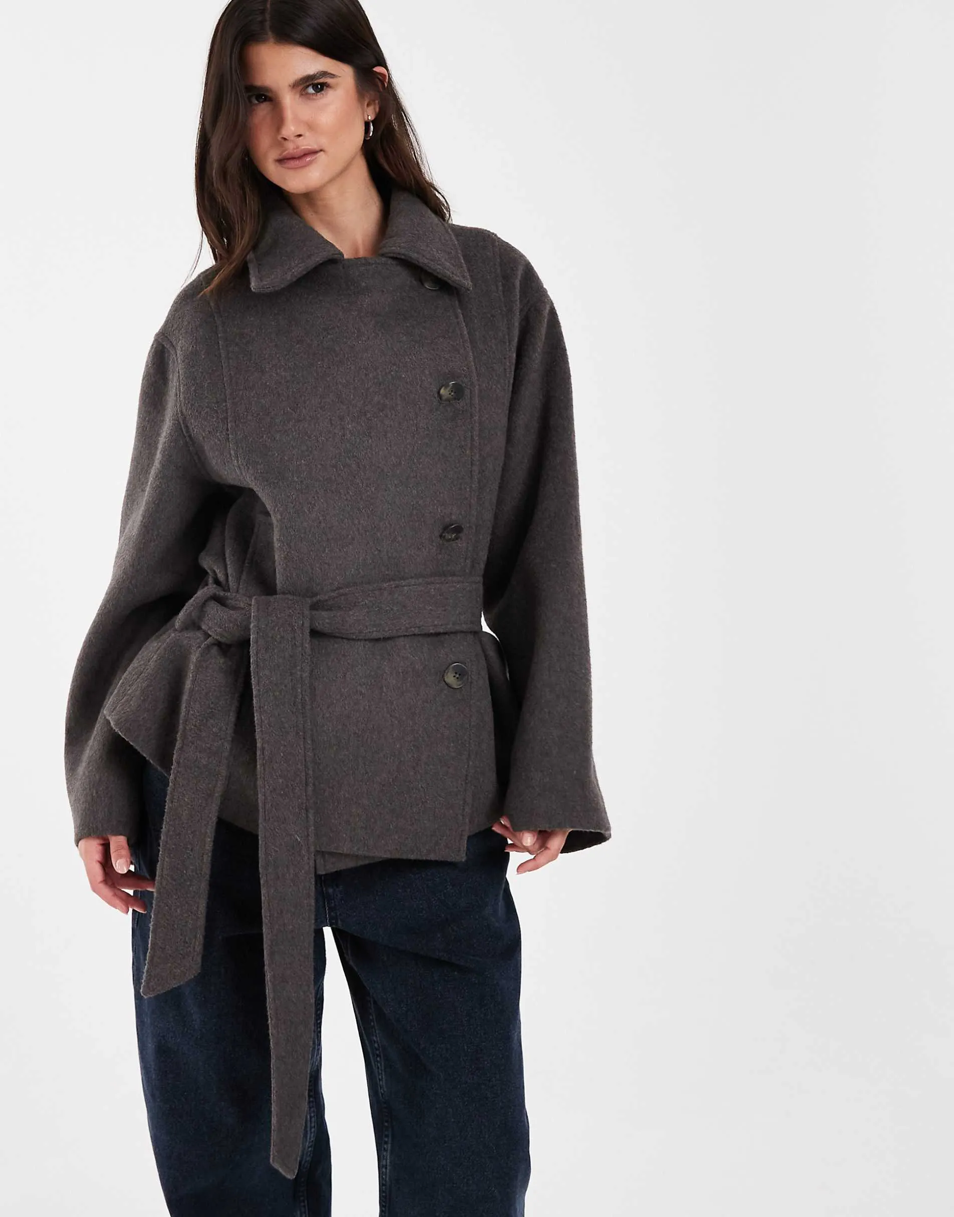 ASOS DESIGN low belt short trench coat with wool in mocha