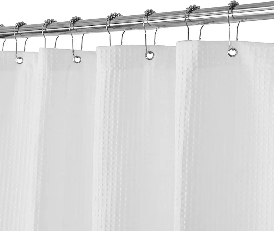 Barossa Design Waffle Weave White Shower Curtain Hotel Luxury Quality, Fabric Shower Curtains for Bathroom, Pique Pattern Cloth, Water Repellent and Machine Washable, Standard Size 71" x 72"