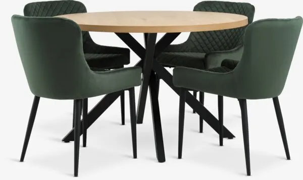NORTOFT + PEBRINGE NORTOFT Ø120 tafel warm eiken + 4 PEBRINGE velvet groen