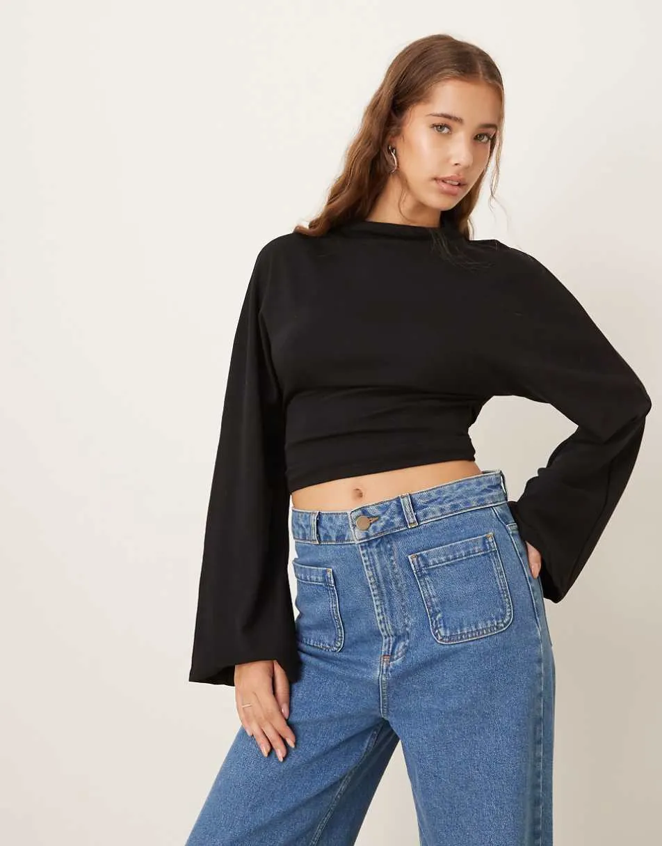 Gina Tricot tie back long sleeve top in black