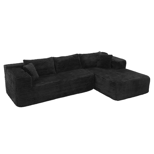 106"W Black Corduroy Modular L-Shaped Sectional Sofa, No Assembly Required Oversized Corner Couch with 5 Throw Pillows