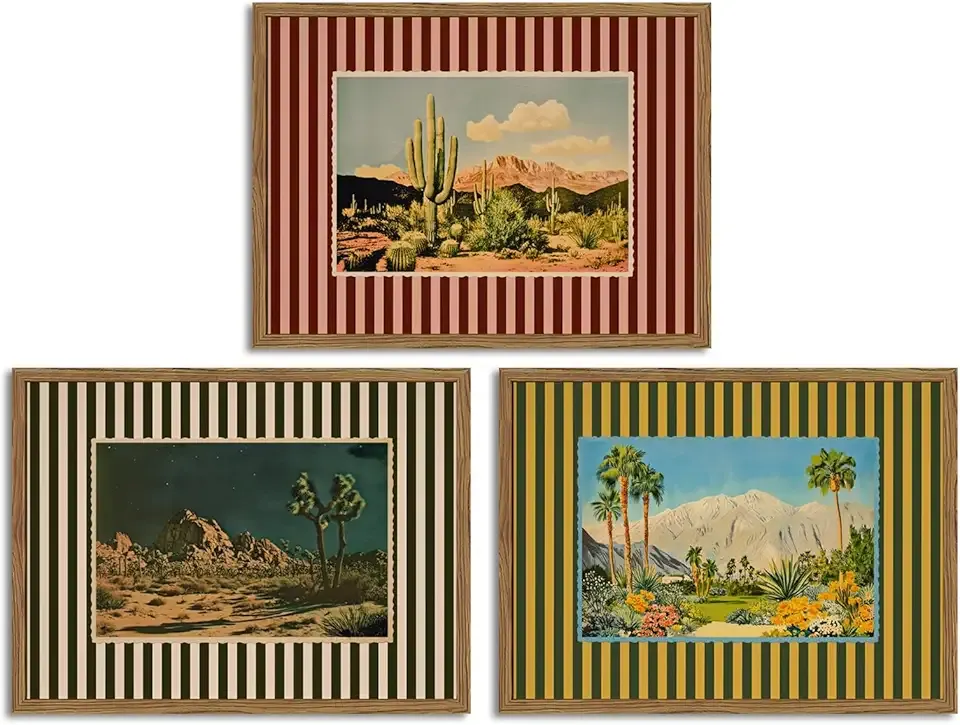Framed Vintage Western Nature Landscape Wall Art Set of 3, Striped Postcards Southwest Desert Cactus Pictures Wall Decor Paintings, Boho Plant Canvas Prints for Living Room Bedroom Office 12x16 inch