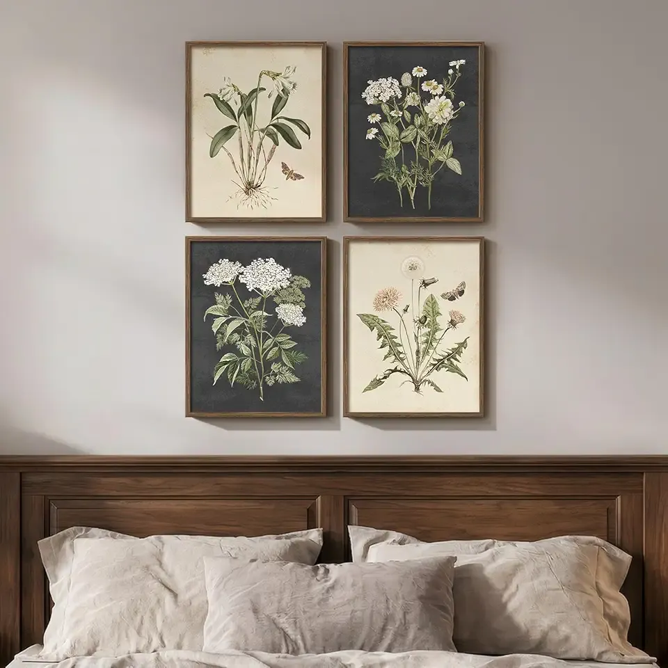 Framed Vintage Botanical Wall Art Bedroom, 4 Piece Rustic Farmhouse Floral Canvas Prints Artwork, Neutral Flower Butterfly Pictures for Modern Farmhouse Living Room Kitchen Bathroom Wall Decor, 11x14