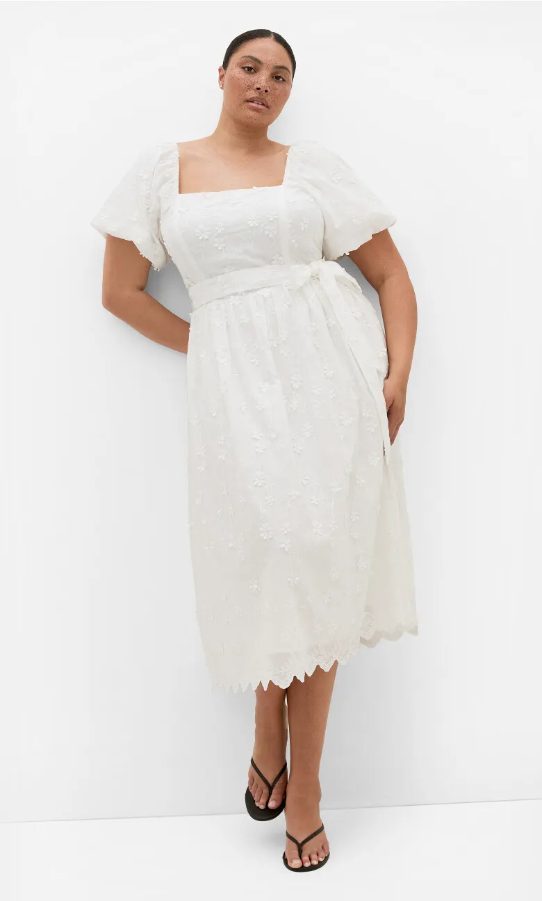 Bridie Embroidered Puff Sleeve Midi Dress - ivory