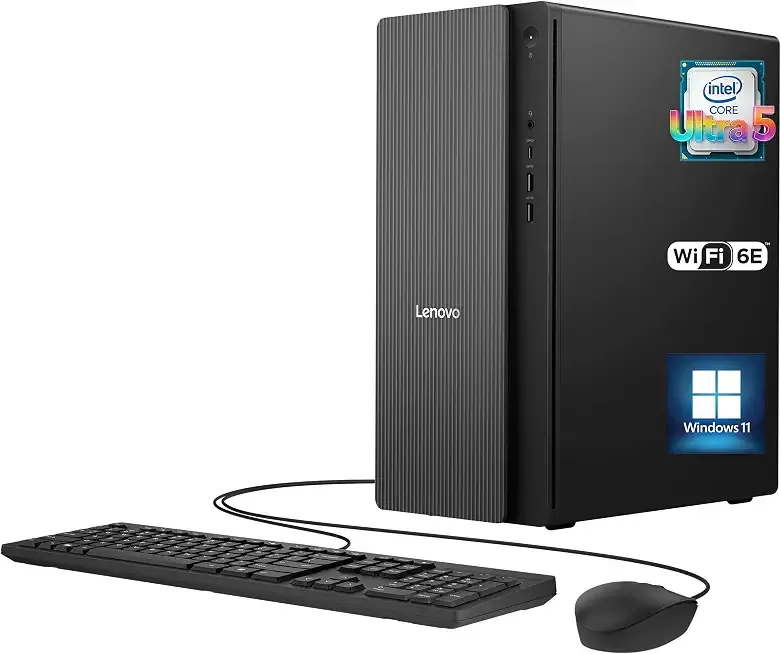 Lenovo IdeaCentre Tower Desktop Computer • 10-core Intel Ultra 5 225 Processor • 16GB DDR5 • 512GB SSD • Office 365 for The Web • HDMI + VGA, Wi-Fi 6E • Wired Keyboard & Mouse • Windows 11