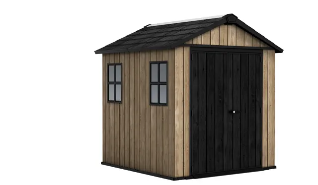 Casetta da giardino in polipropilene effetto legno 2 x 2 m, superficie esterna 5.15 m² e spessore parete 20 mm, con pavimento e porta a due ante, KETER Ashwood Apex