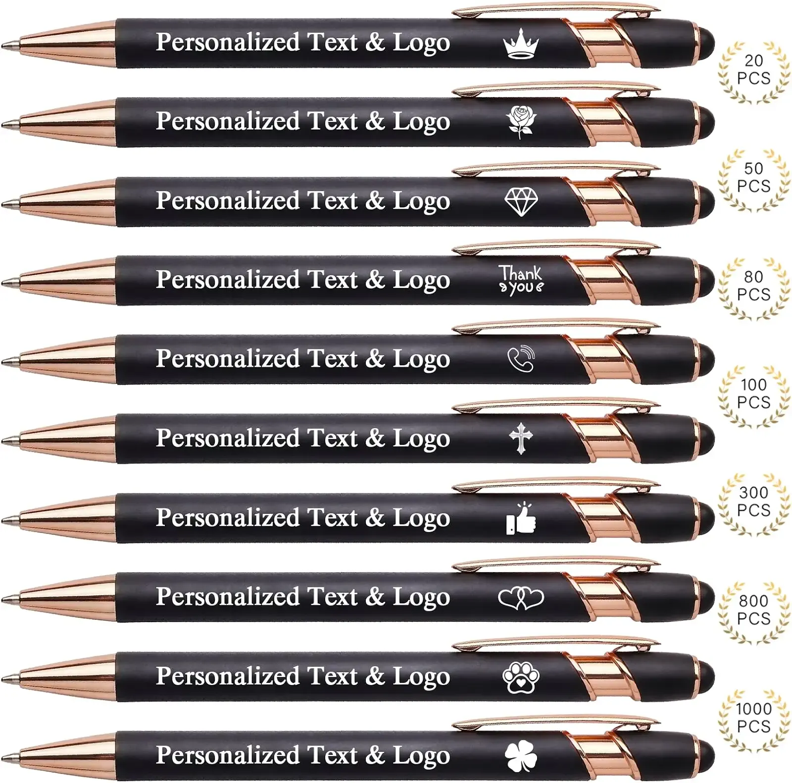 WNNNS Bulk Custom Pens Personalized, Customized Pens with Name & Logo Engraved on Both Sides, Black Ink Ballpoint with Stylus, Gifts for Business,Office,School,Birthday,Party,Wedding.