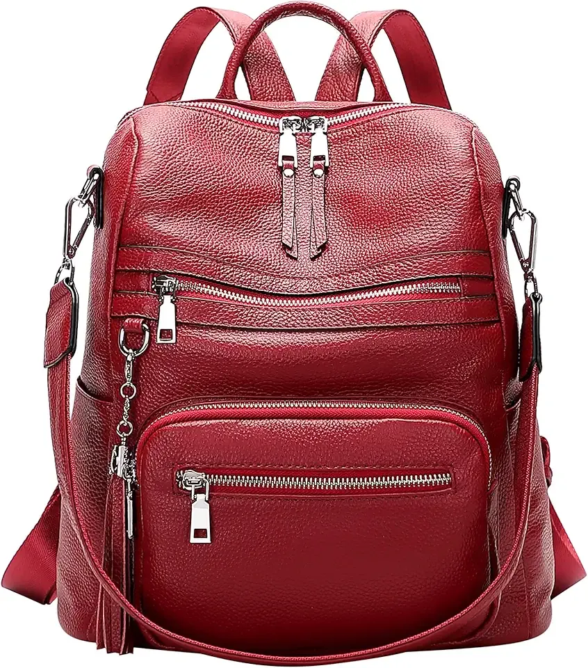 Genuine Leather Backpack Purse for Women Large Shoulder Bag With Laptop Compartment Multiple Pockets(S106 Red)