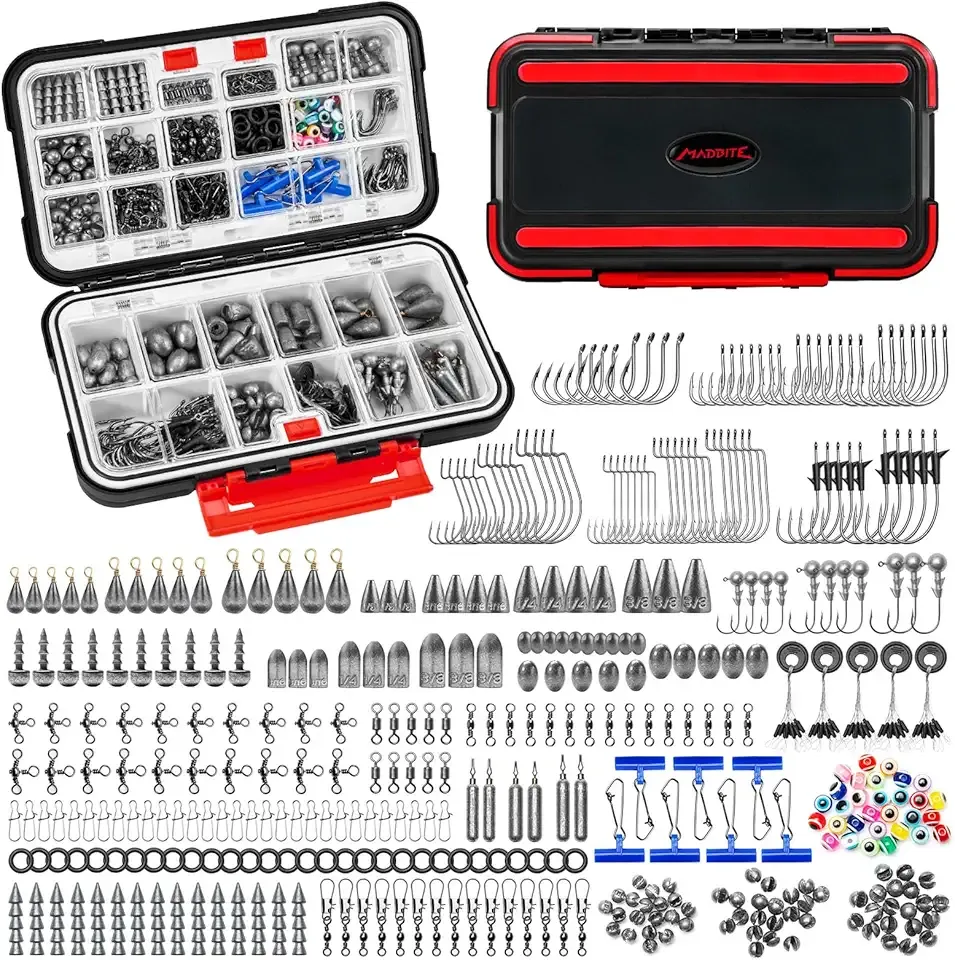 MadBite by KastKing 182/265/400pcs Compact Fishing Tackle Kit - All-in-One Freshwater Hooks, Weights, Bobbers in Tackle Box, Fishing Gear Set for Bass Trout Panfish
