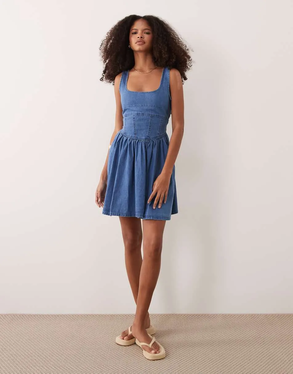 ASOS DESIGN denim ballerina mini dress in mid blue