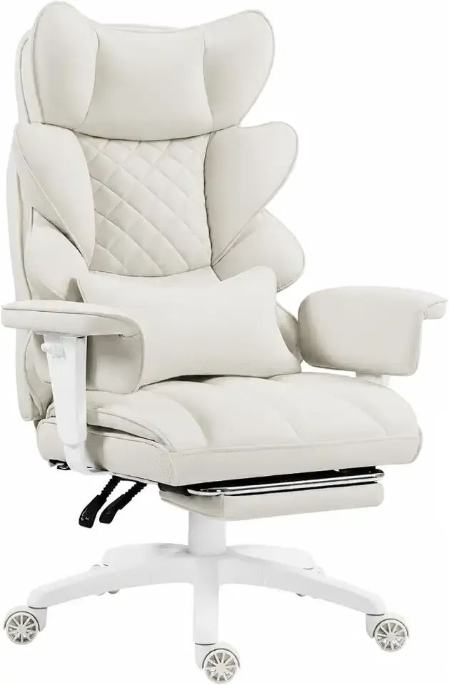 Dowinx Big and Tall Office Chair with Pocket Spring Cushion,High Back Computer Gaming Chairs with Adjustable Armrests,Executive Desk Chairs with Lumbar Support and Footrest,PU -White