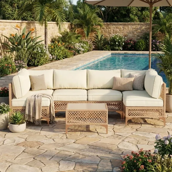 LAZZO 7-Piece Patio Furniture Set, Outdoor Wicker Conversation Set with Thick Cushions & Coffee Table for Backyard and Garden, Beige