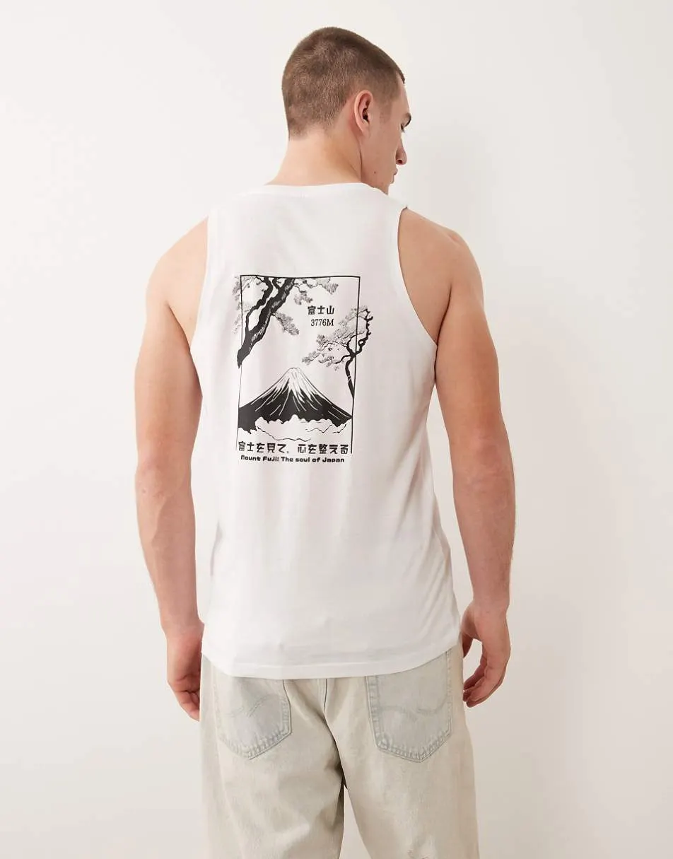 Jack & Jones oversized vest with japanese mountain back print in white
