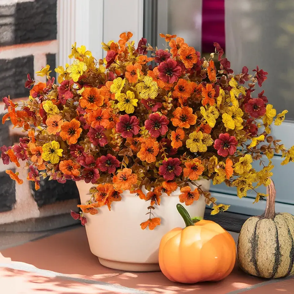 INQCMY Artificial Fake Fall Plants Flowers for Outdoor Outside Decoration | 12 Bundles Faux Silk Colorful Daisy UV Resistant Look Real No Fade for Front Door Porch Patio Yard Balcony Autumn Decor