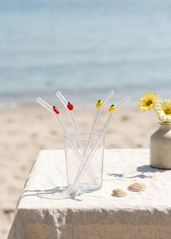 Glass straws with fruit decorations - 4 pcs