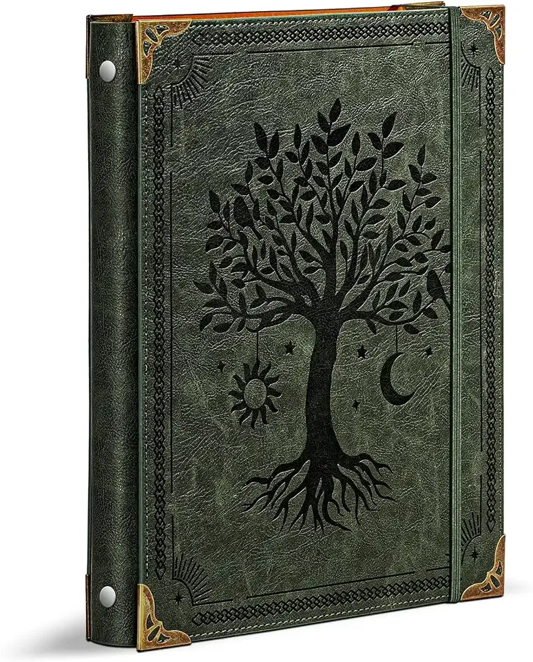 Ovesmusl PU Leather 3 Ring Binder 1 Inch Round Ring Binder Holds 200 Sheets | Fits 8.5"x11" Letter Size Paper, Notebook Cover Loose Leaf Organizer, Green Tree