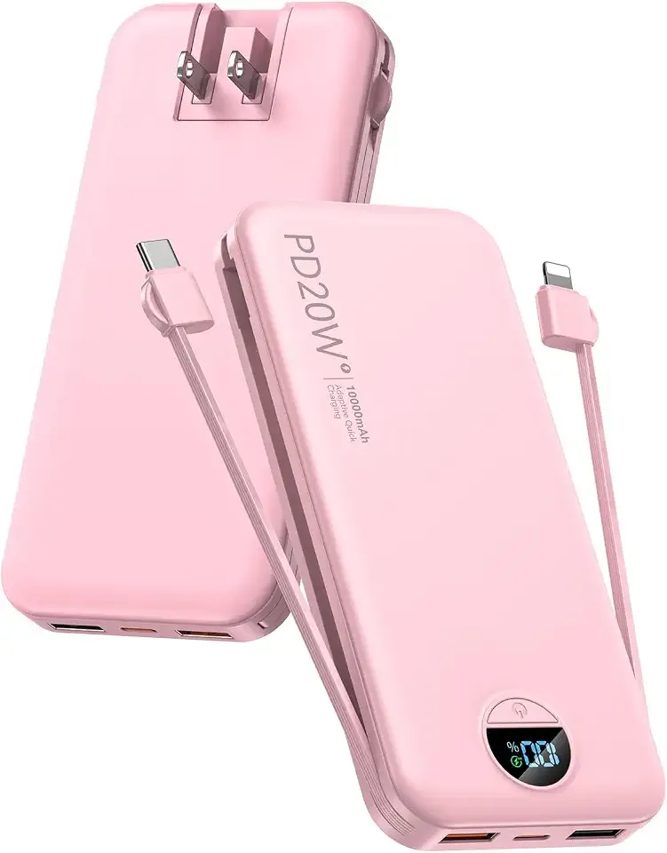 citicr Portable Charger, 10000mAh PD20W Fast Charging Power Bank with Built-in Cables & Wall Plug, External Battery with LED Display, Travel Battery Bank for iPhone, iPad, Samsung Fairy Pink
