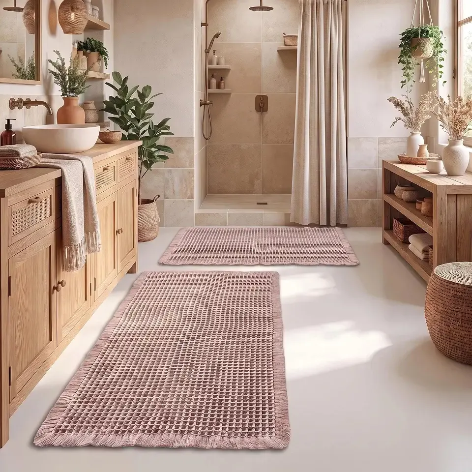 Waffle Bath Mat 2PCS - Upgraded Super Absorbent Non Slip Bathroom Rugs, Washable Boho Large Bath Mat, Soft Boho Decor with Tassels for Hallway Laundry Room Bedroom, 47"x20"&17"x24" (Khaki)