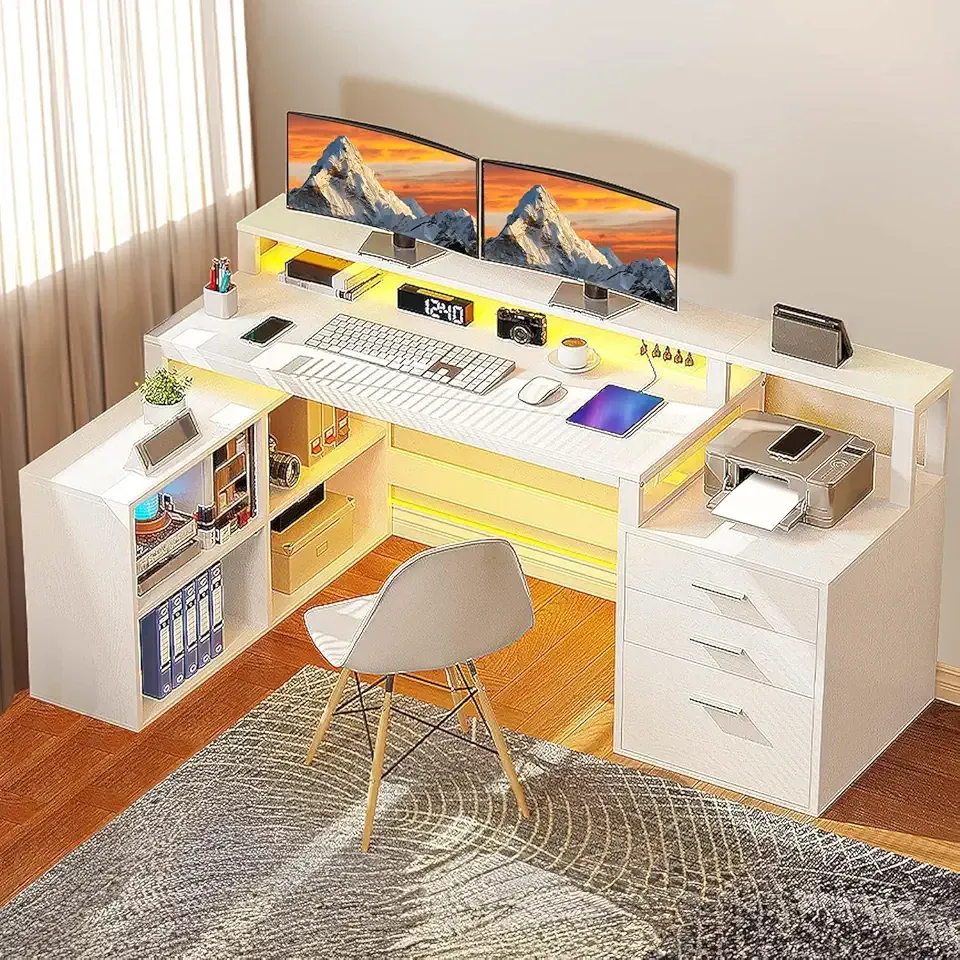 DWVO L Shaped Desk with Drawers, 65" Computer Desk with Power Outlets & LED Lights, Corner Home Office Desk with Storage Shelves & Printer Stand, White