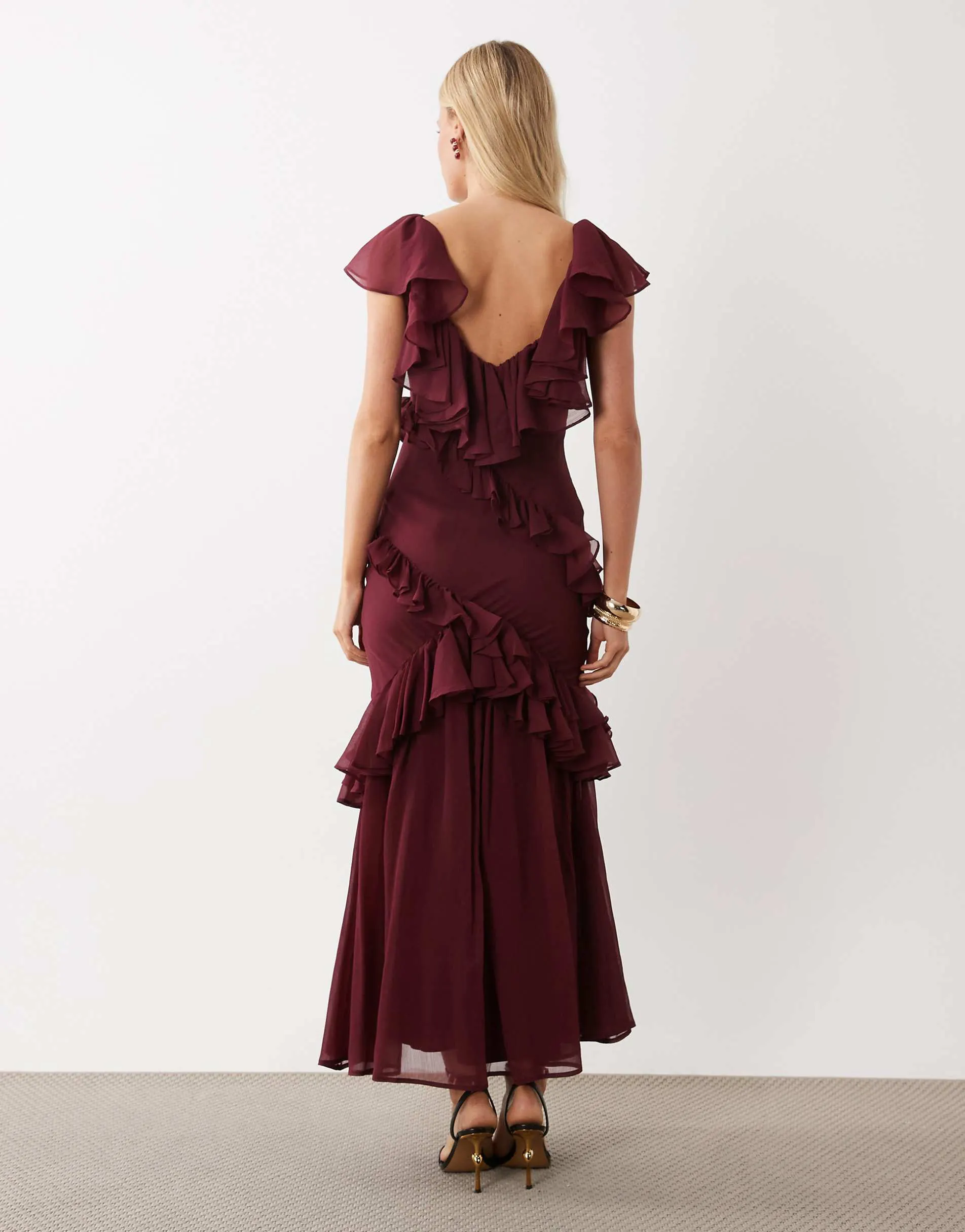 ASOS DESIGN midaxi dress with ruffle detail in plum