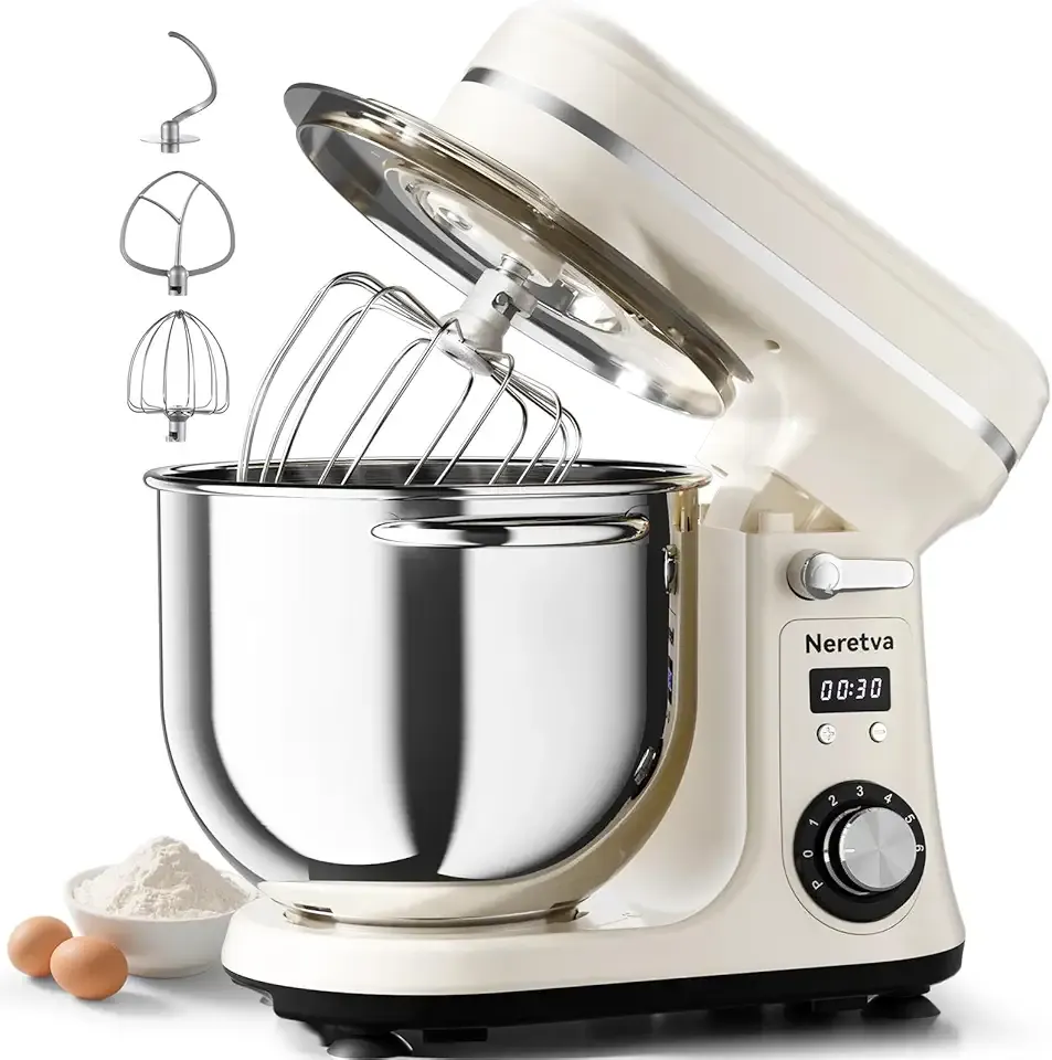 Neretva Stand Mixer, 6.34QT & 6 Speed Professional Mixers Kitchen Electric Stand Mixer Super Stable & Lower Noise Household Stand Mixer with Stainless Steel Bowl, Whisk, Flat Beater, Dough Hook -Beige