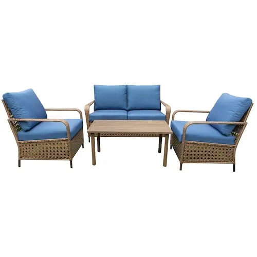 Delaronde II 4-Piece Wicker Patio Chat Set with Blue Cushions