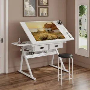 Mesa de dibujo ajustable blanca con 2 cajones y taburete, escritorio de arquitecto en MDF y metal para hogar, oficina, escuela, artista
