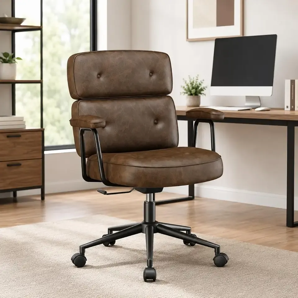 Ergonomic Home Office Desk Chair, PU Leather Computer Chair with Lumbar Support, Adjustable Height, 360° Swivel Rolling Wheels, Executive Task Chair for Office, Gaming, Meeting Room, Brown