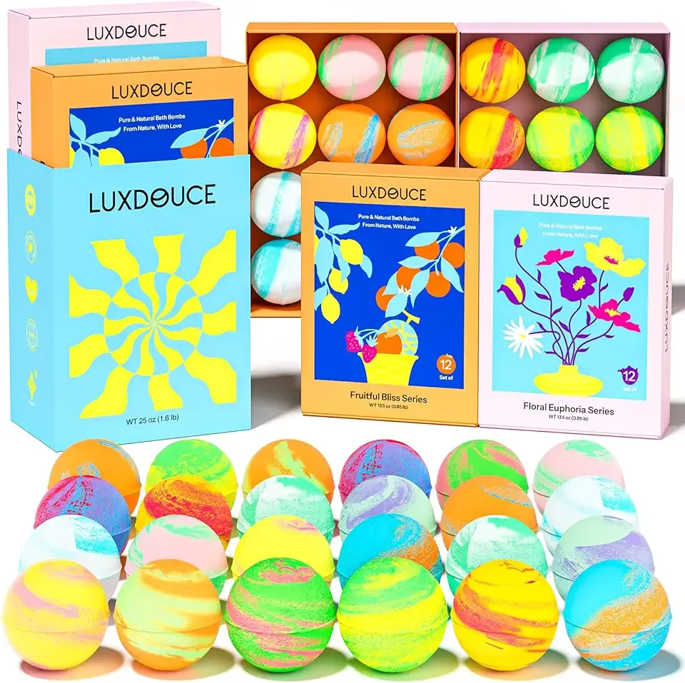 Bath Bombs Gift Se, 24 Pack Bubble Bombs with 12 Unique Scents, Floral & Fruity Collections, Skin-Soothing & Mood-Enhancing, Spa Gifts for Women, Wife, Stress Relief & Relaxation