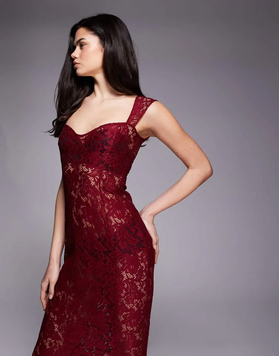 Oh Polly lace sweetheart neck cap sleeve mesh maxi dress in cherry red