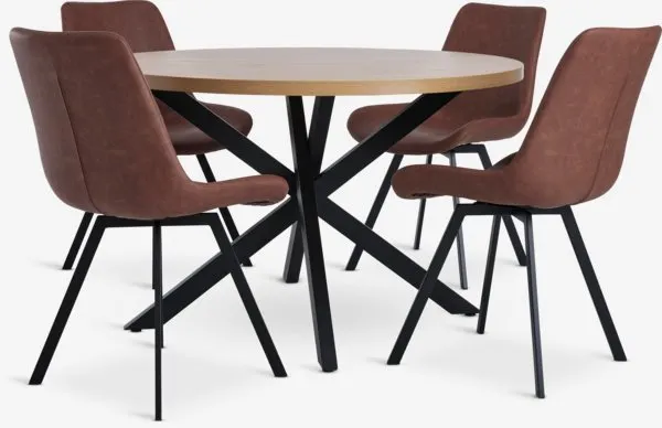 NORTOFT + HYGUM NORTOFT tafel warm eiken Ø120 + 4 HYGUM stoelen cognac/zwart