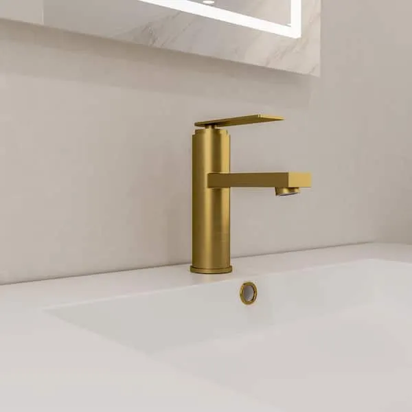 YAWWALK Single Handle Single Hole Bathroom Faucet with Valve and Pop-​Up Drain in Brushed Gold (1-​Pack)​