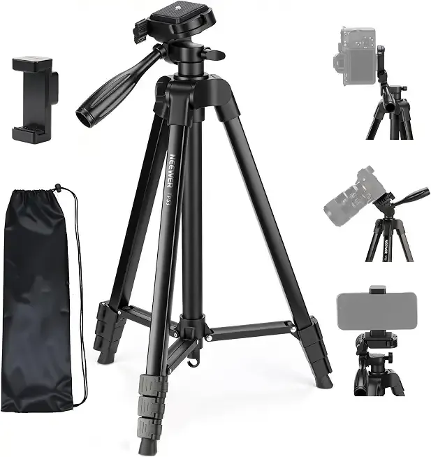 Entry Level Version Tripod for Cell Phone & Camera, Metal Lightweight Portable Travel Stand with Cold Shoe Cellphone Holder Mount Compatible with iPhone for Video Recording Filming, TP53
