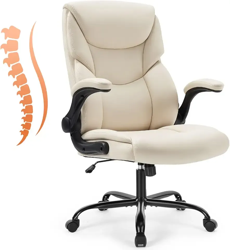 Sweetcrispy Office Executive Chair - Heavy Duty High Back Home Desk Chair with Flip-up Armrest, PU Leather, Height Adjustable & Swivel Rolling with Wheels, Beige