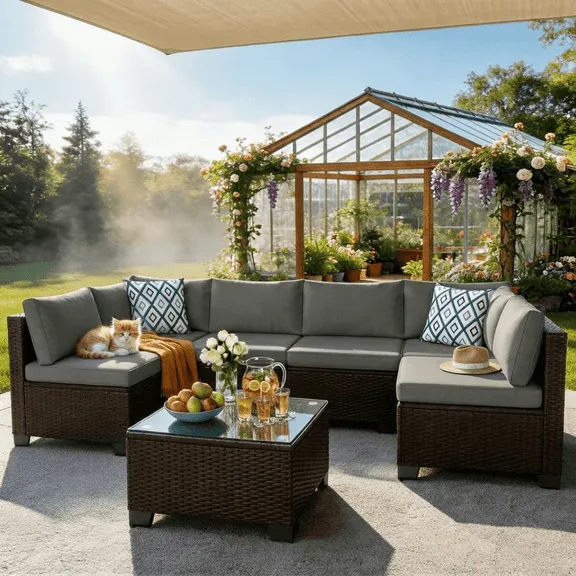 Patio Furniture Set on Sale - Includes 7 PCS Wicker Sectional sofa for Poolside, Garden, Party $369.67 Was $464.88