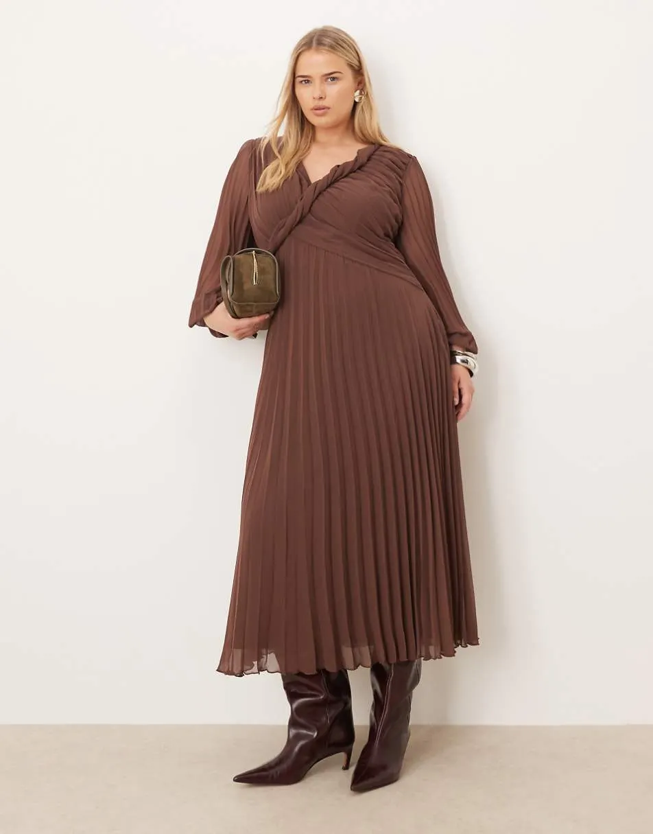 ASOS DESIGN Curve twist detail wrap front pleated midi dress in blue abstract print