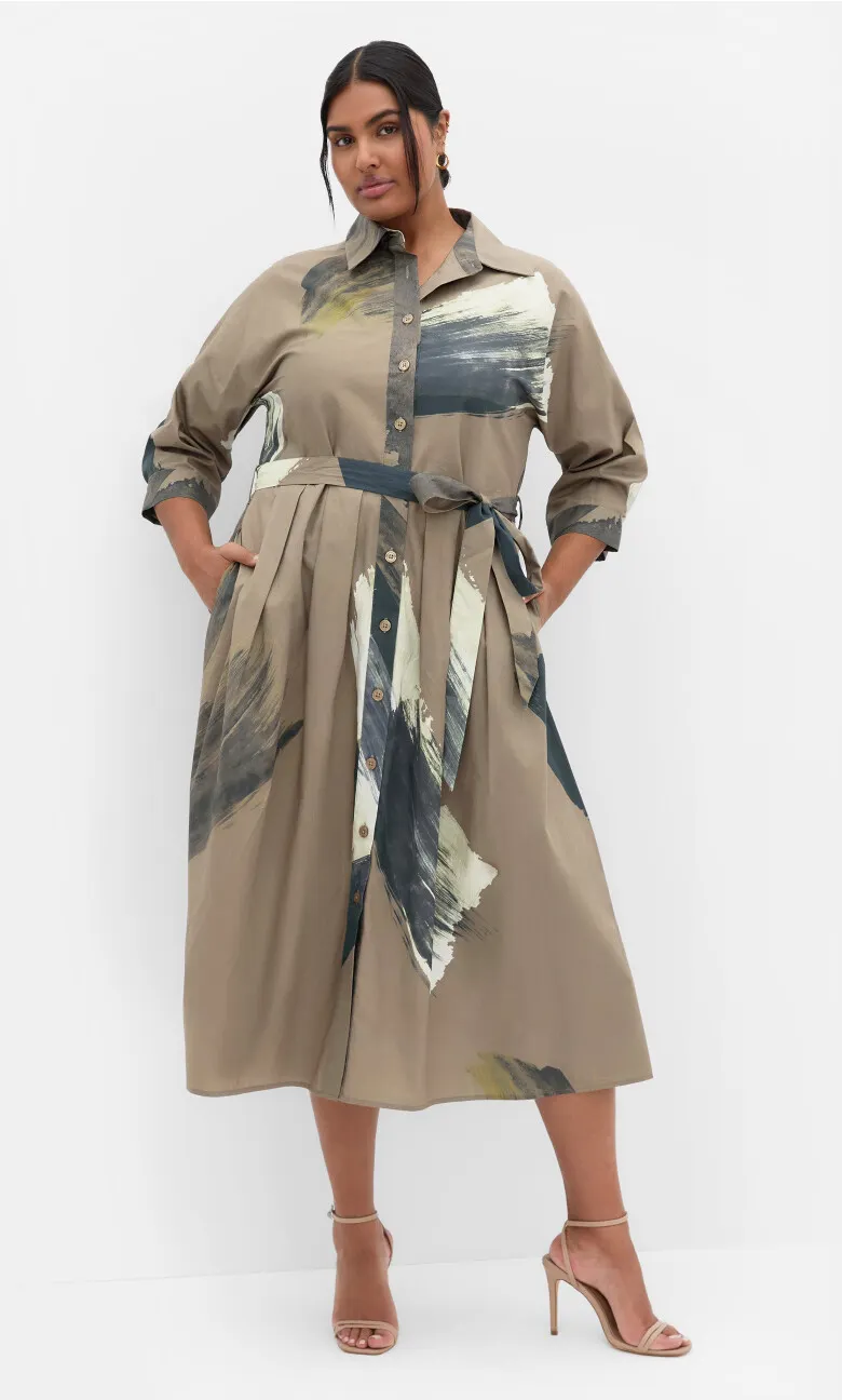 Angel Print Cotton Shirt Dress - khaki