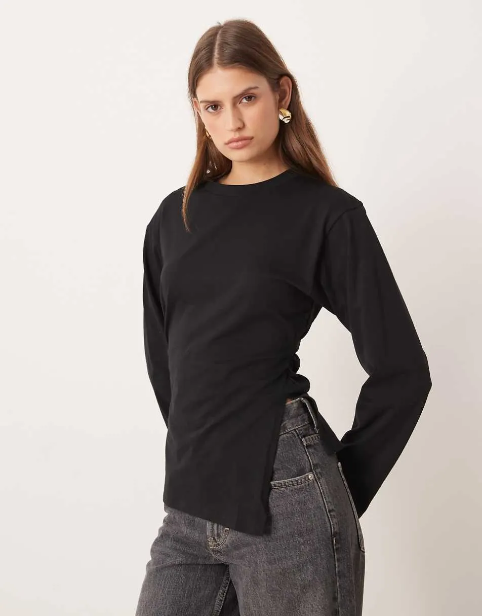 ASOS DESIGN waisted side spilt hem long sleeve tee in black