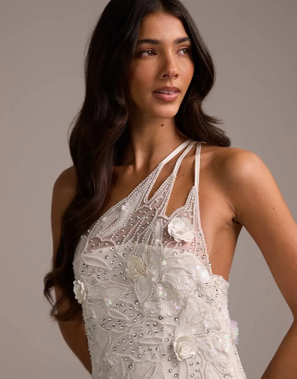 ASOS DESIGN embellished one shoulder cutwork midi dress with asymmetric fringe hem in white