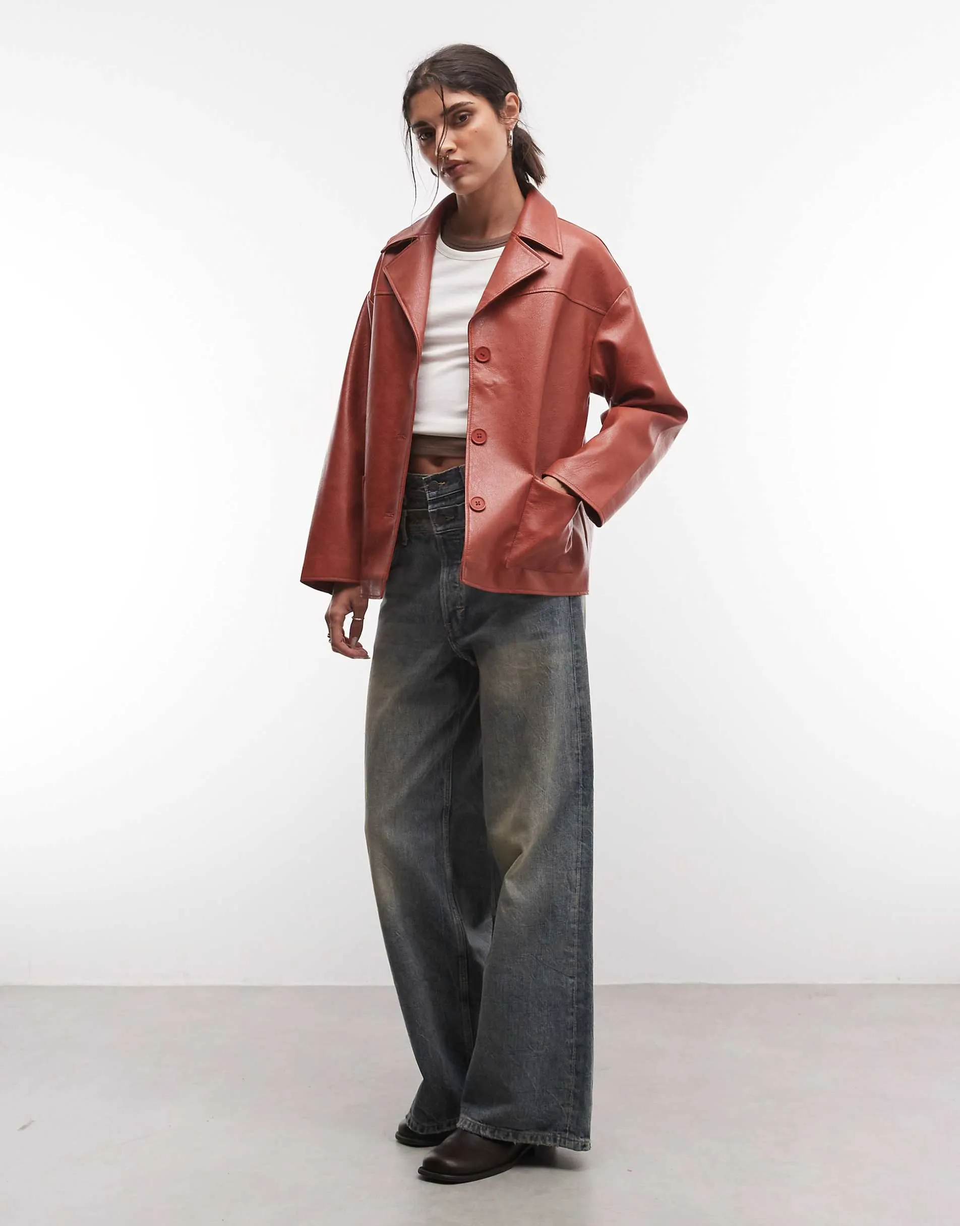 Reclaimed Vintage boxy fit leather look blazer in red