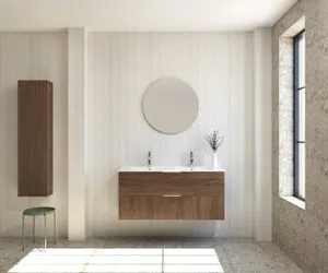 Mapau Pack Mueble de baño con lavabo doble y espejo redondo SAVART nogal 120cm