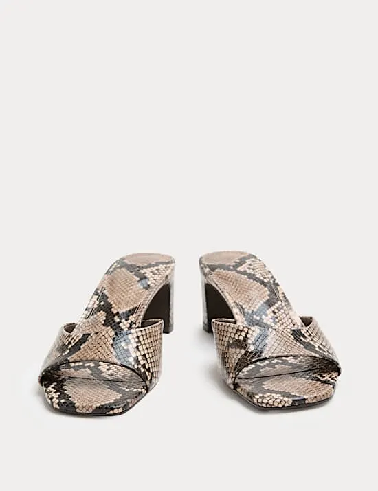 Snake Print Block Heel Mules