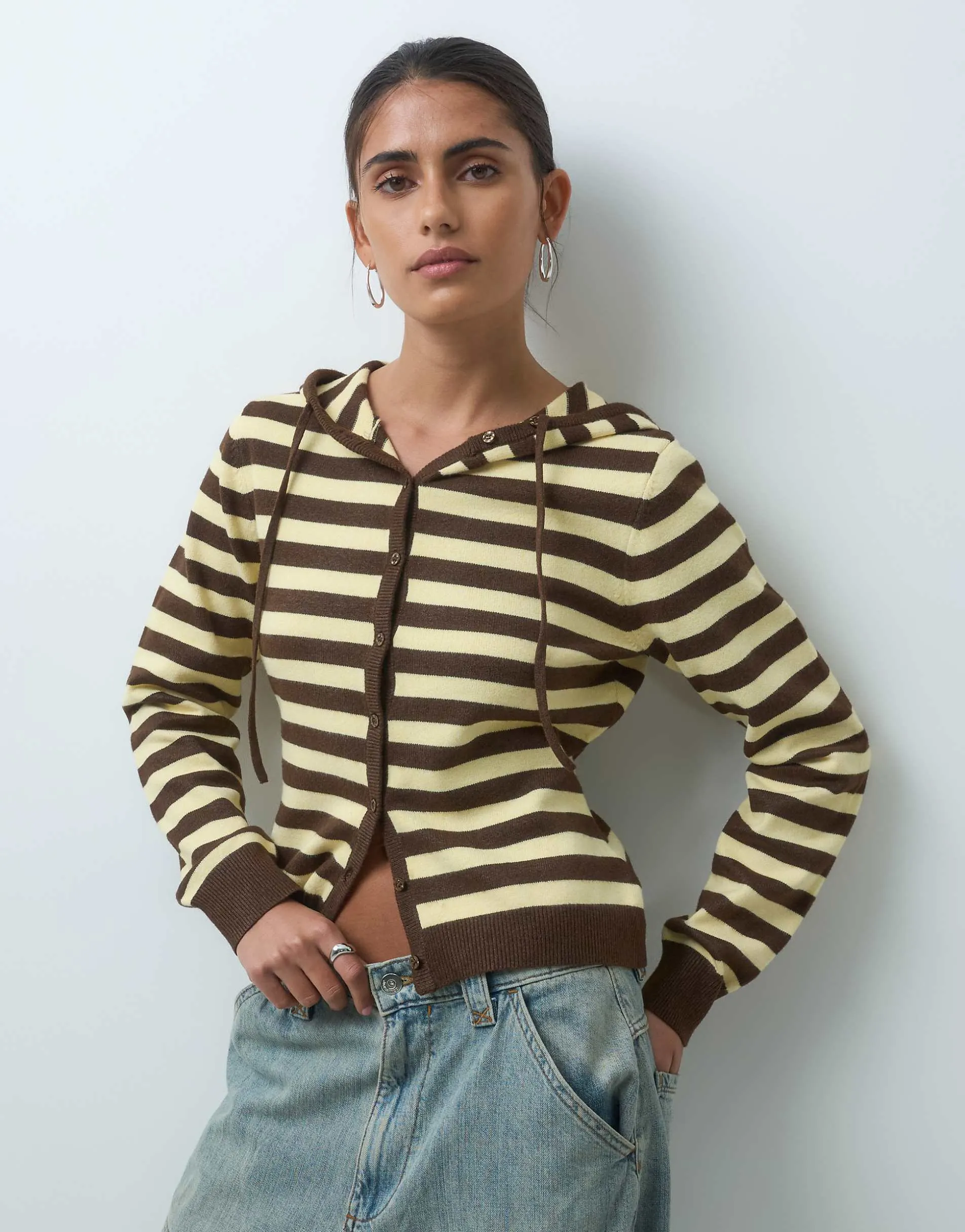 COLLUSION hooded knitted cardigan in brown stripe