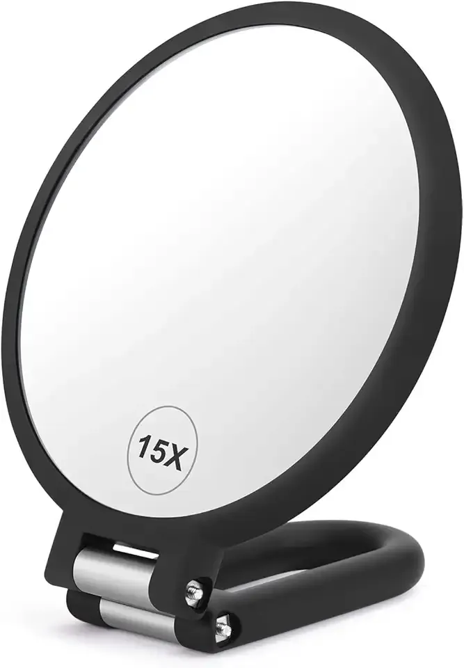 Magnifying Handheld Mirror Double Sided, 1X 15X Magnification Hand Mirror, Travel Folding Held Adjustable Rotation Pedestal Makeup Desk Vanity