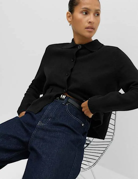 Air-Yarn Collared Relaxed Cropped Cardigan