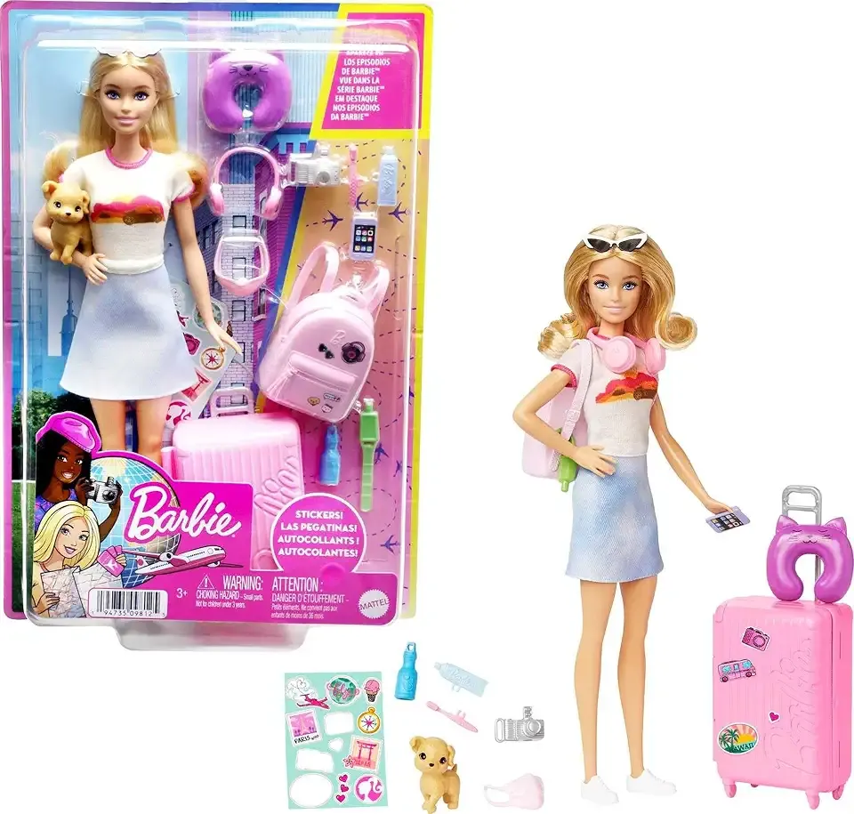 Doll & Accessories, Travel Set with Puppy and 10+ Pieces, Suitcase Opens & Closes, Barbie "Malibu" with Blonde Hair